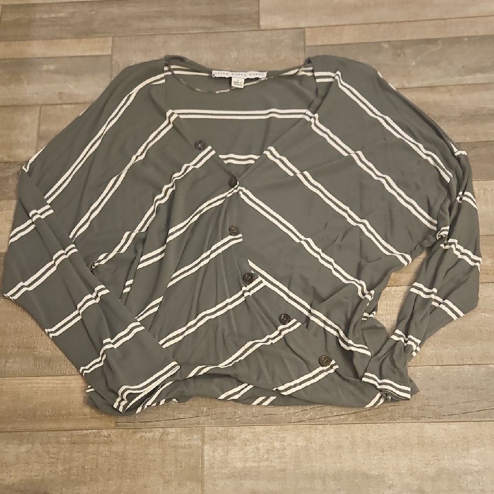 Striped V-Neck Button Front Blouse in Gray and White